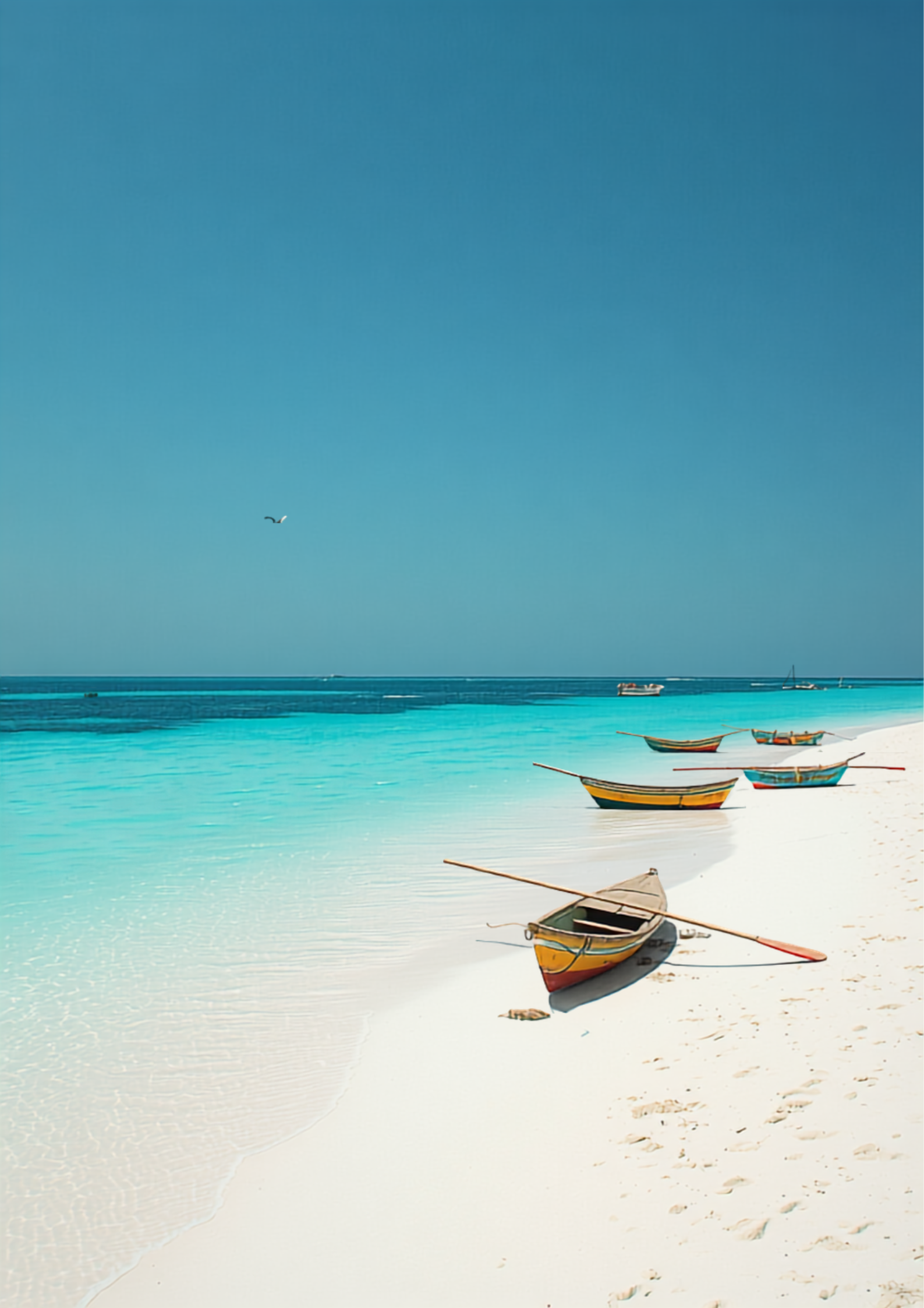Secluded tropical beach with turquoise water and colorful local fishing boats