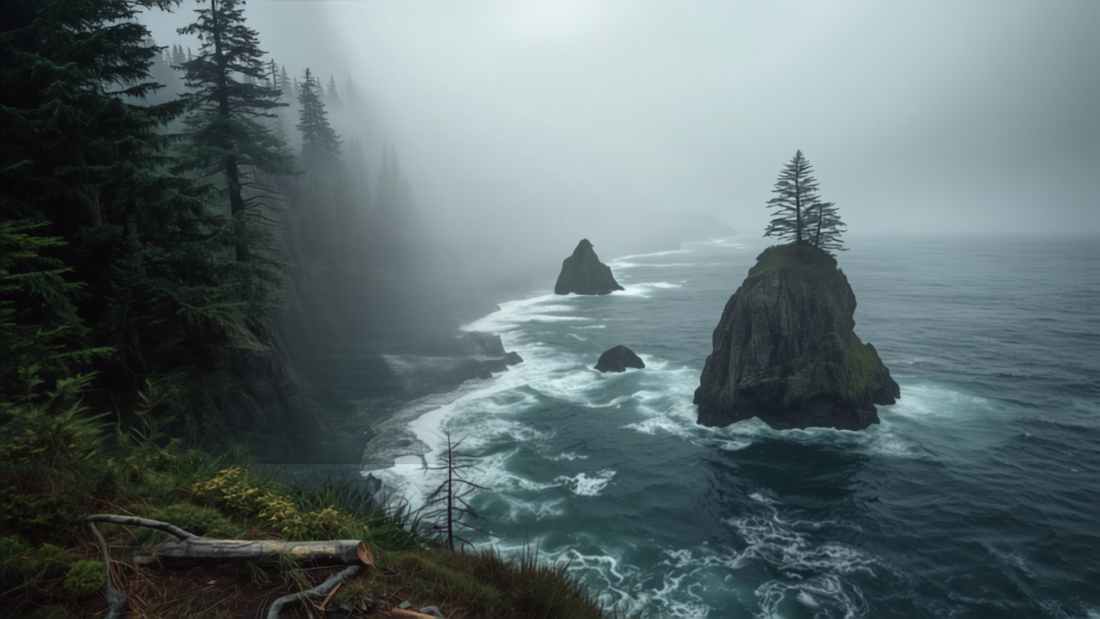 Coastal rainforest with jagged cliffs and ocean