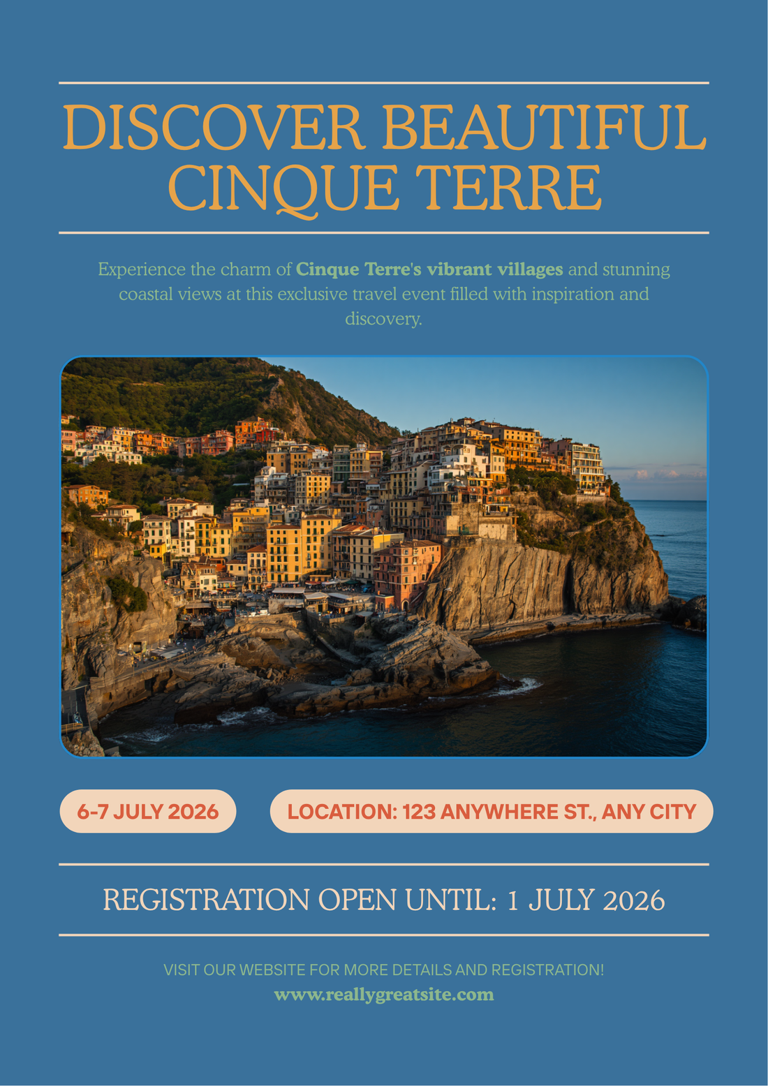 Colorful cliffside villages of Cinque Terre Italy at golden hour