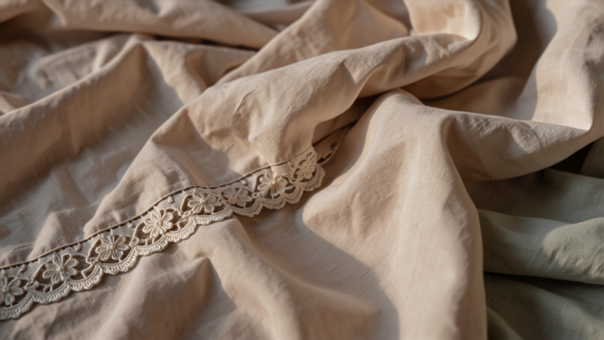Close-up of vintage cotton nightgown fabric with delicate lace trim