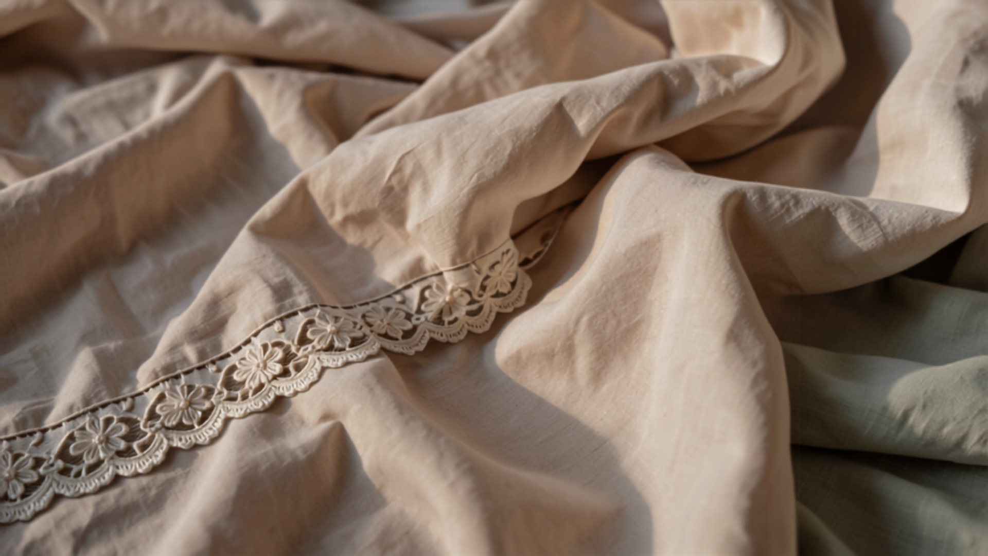 Close-up of vintage cotton nightgown fabric with delicate lace trim
