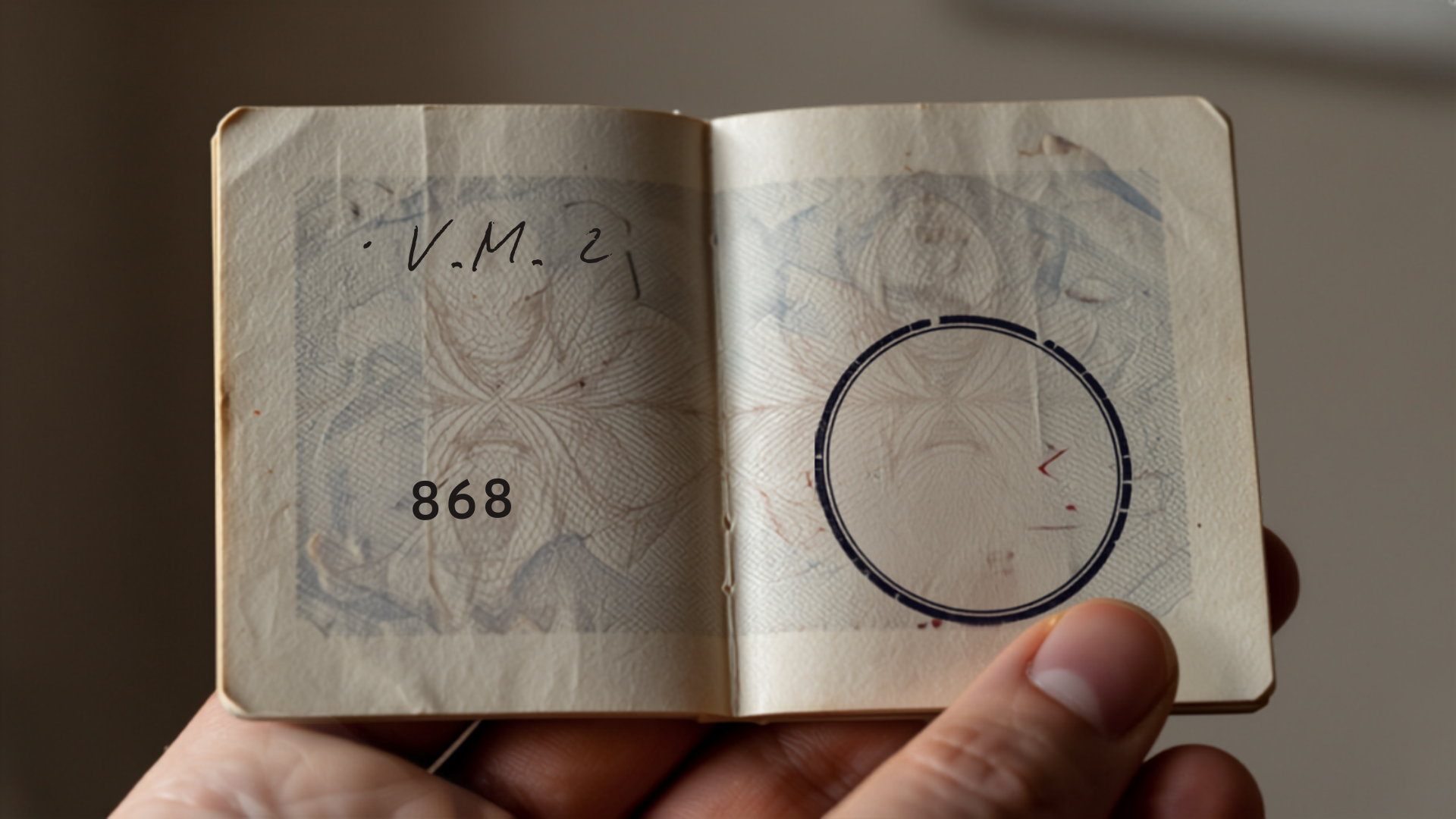 Close-up of a passport photo page with visa stamps and ink marks