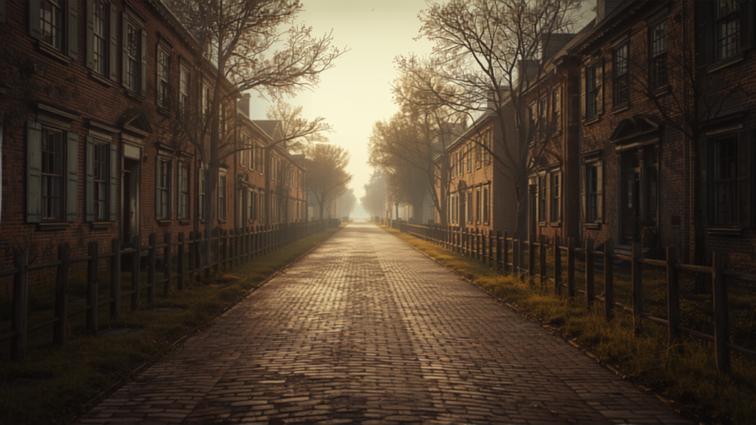 Colonial brick street with historic 18th century buildings