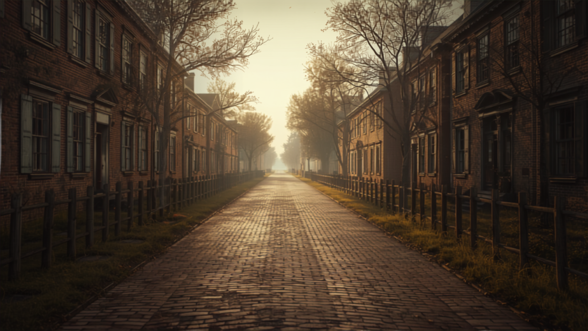 Colonial brick street with historic 18th century buildings