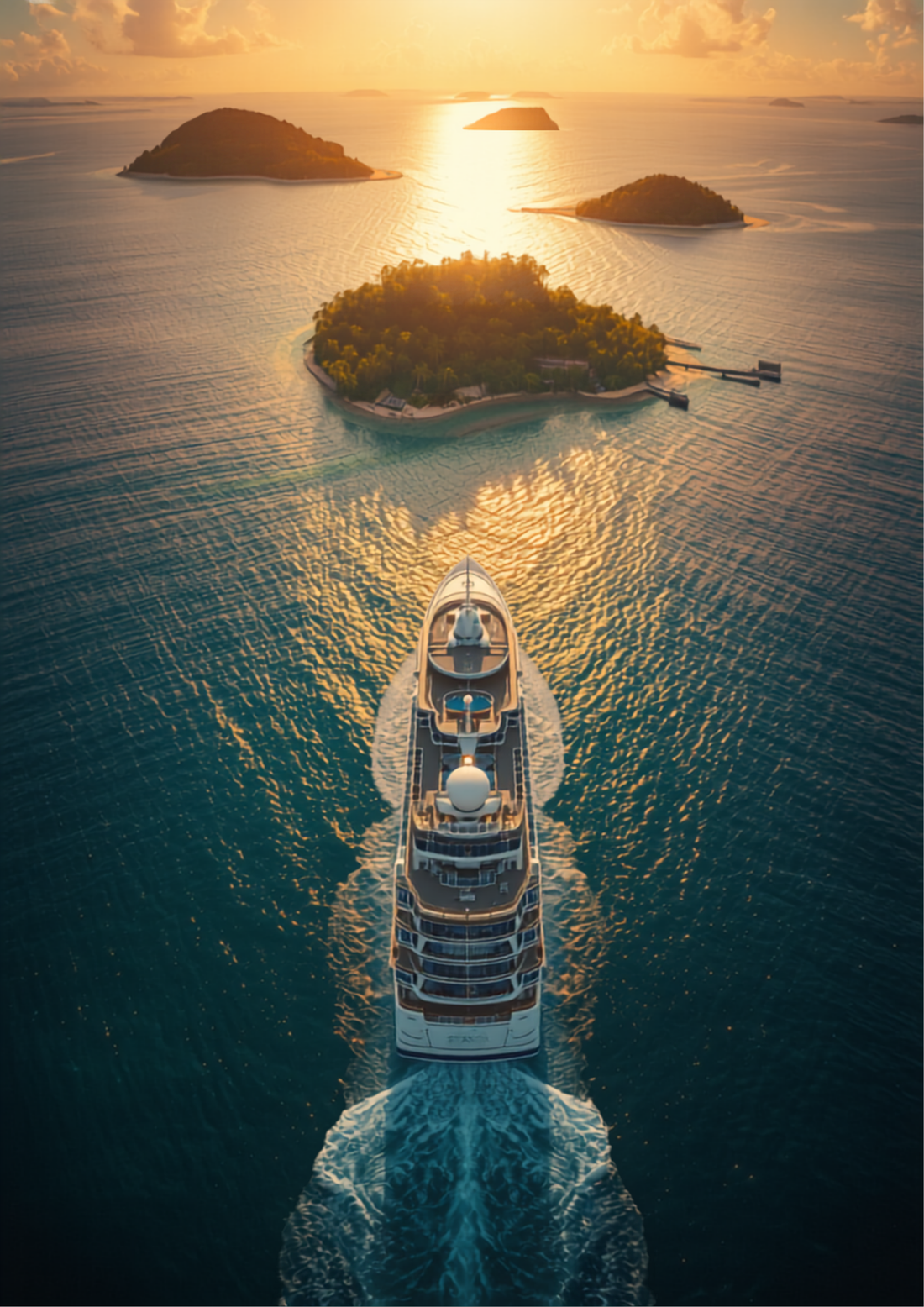 Luxury cruise ship sailing through turquoise Caribbean waters at golden sunset