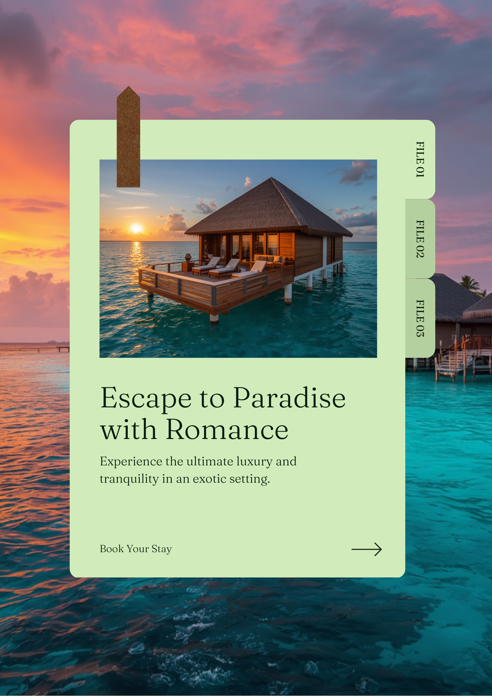 Overwater bungalows in the Maldives with crystal clear turquoise lagoon at tropical sunset