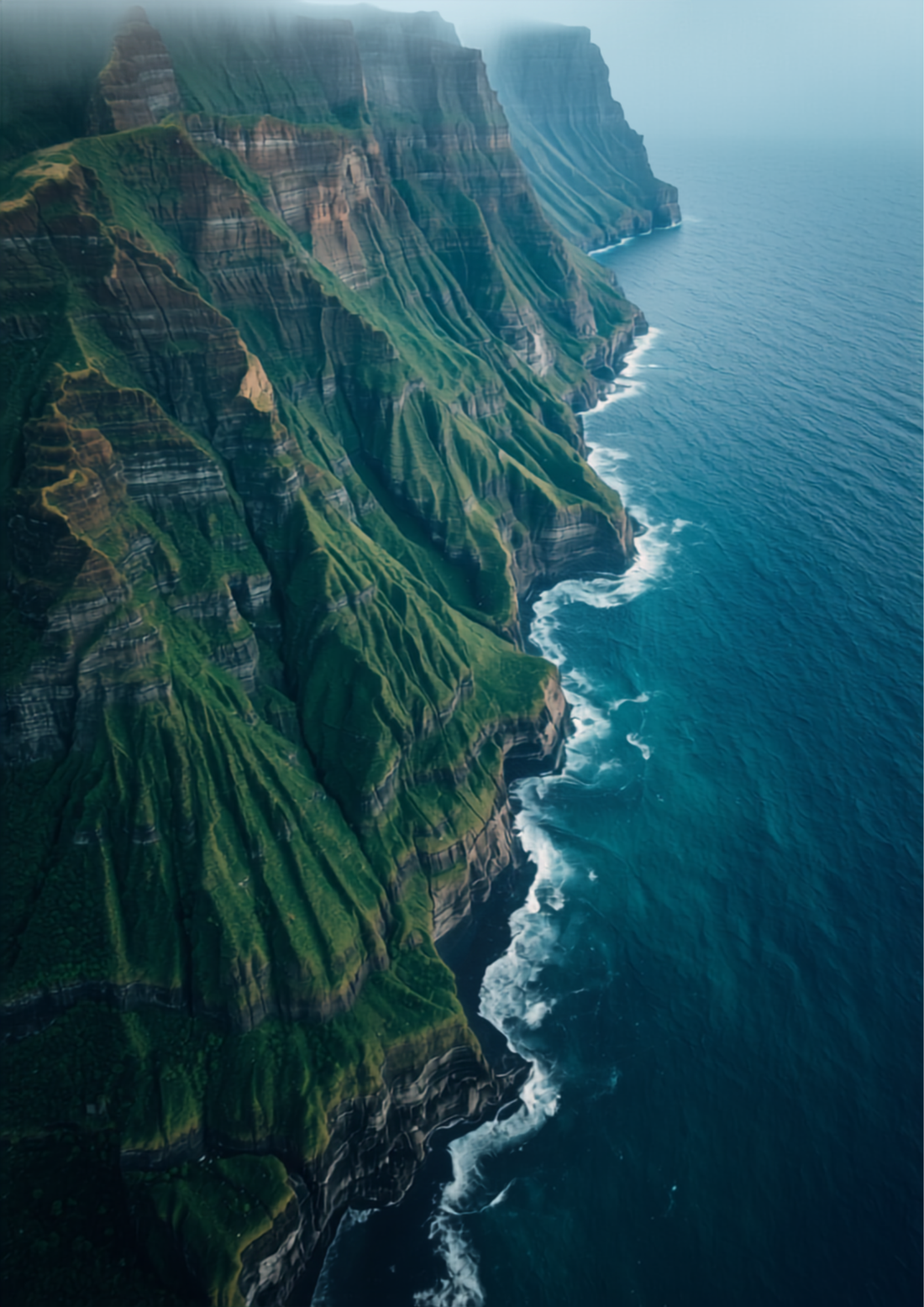 Dramatic Na Pali Coast cliffs of Kauai Hawaii with lush green valleys meeting the Pacific ocean