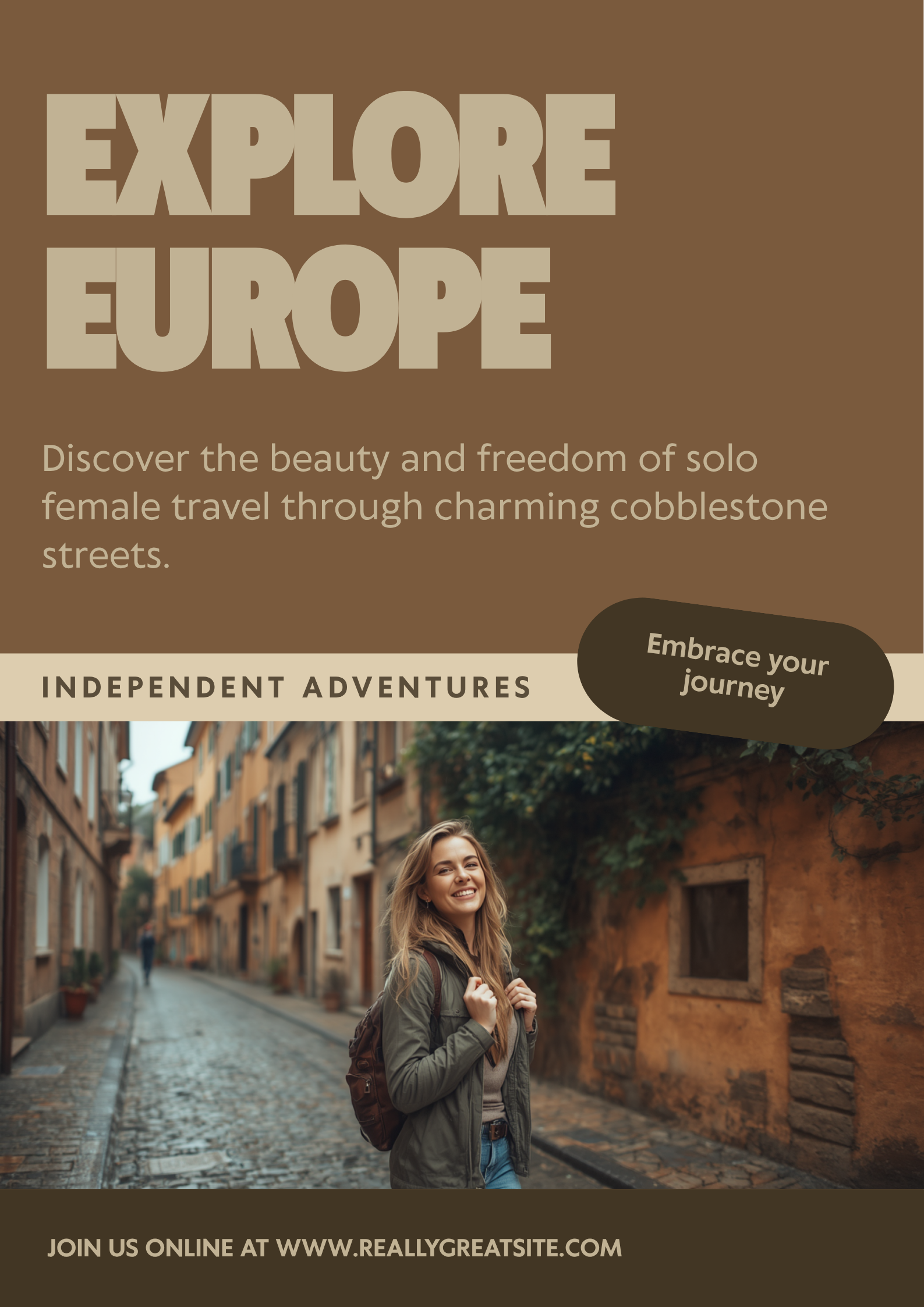 Confident solo female traveler with backpack exploring cobblestone European street