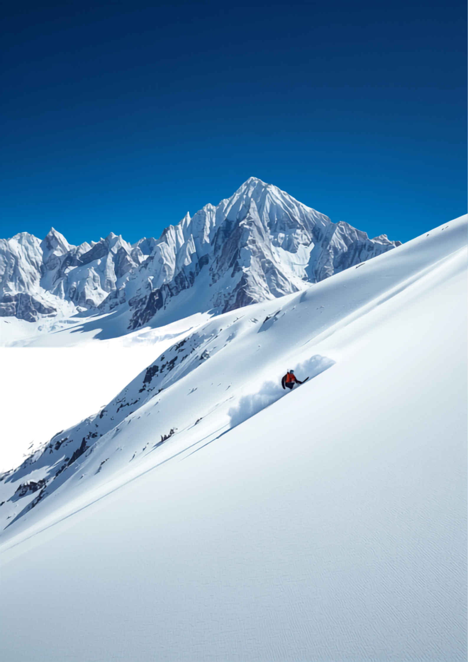Skier on pristine powder slopes of dramatic snow-covered mountain range