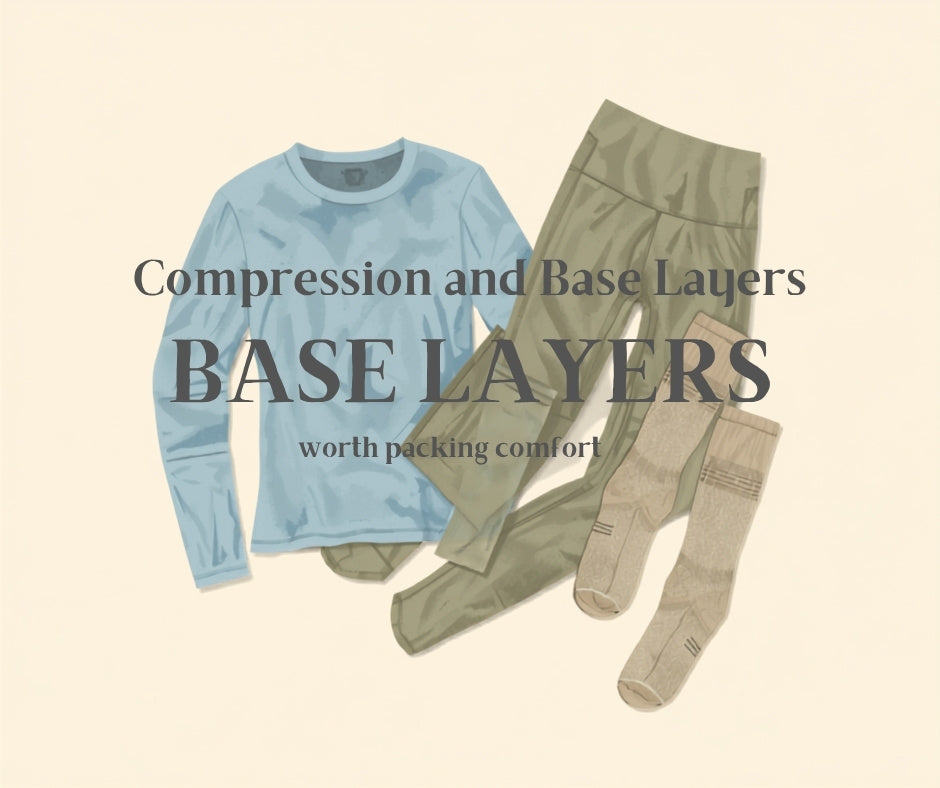 Illustrated flat lay of compression base layer top, leggings, and socks