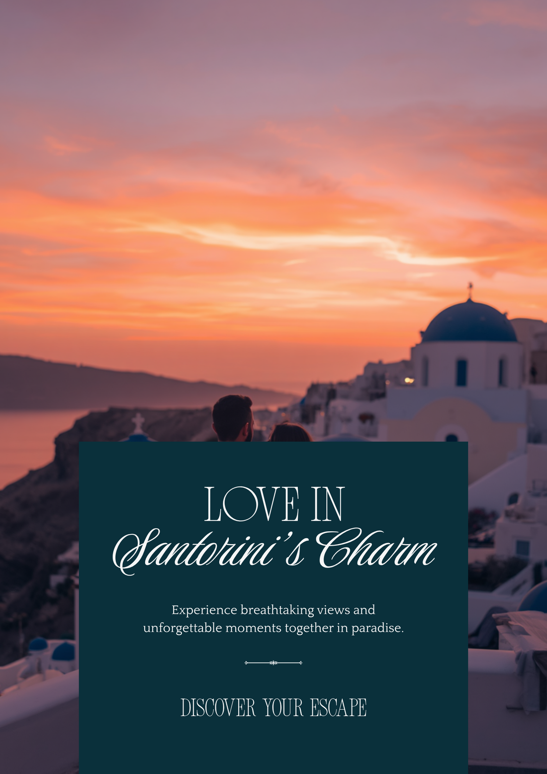 Romantic couple watching sunset from cliff overlooking Mediterranean with Santorini blue domes