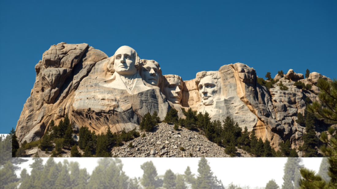 Mount Rushmore surrounded by pine-covered Black Hills