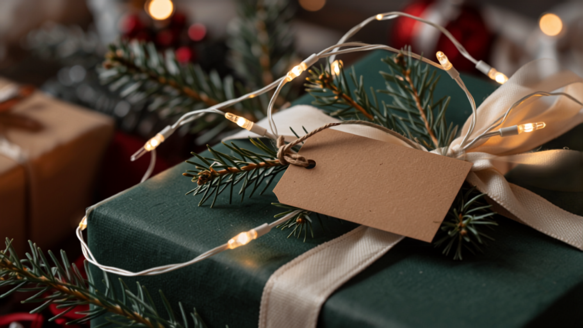 Close-up of string lights and a wrapped gift with a luggage tag