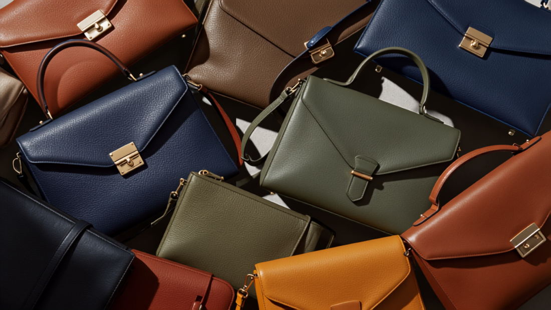 Stacked leather handbags in different shapes and colors representing 2026 handbag trends