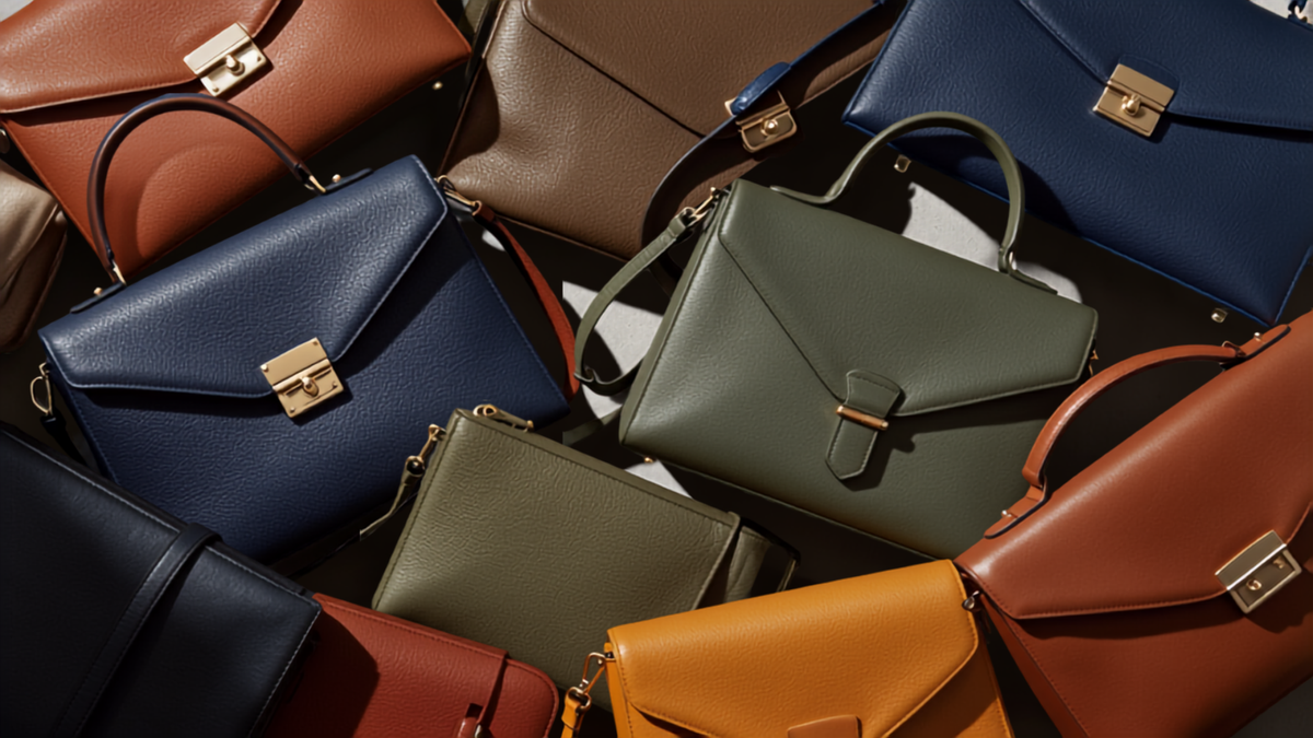 Stacked leather handbags in different shapes and colors representing 2026 handbag trends