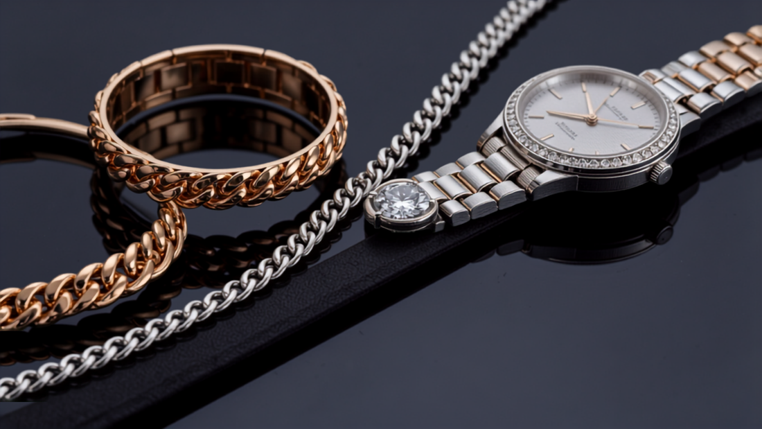 Layered gold and silver jewelry with sculptural cuffs and a cocktail watch representing 2026 jewelry trends
