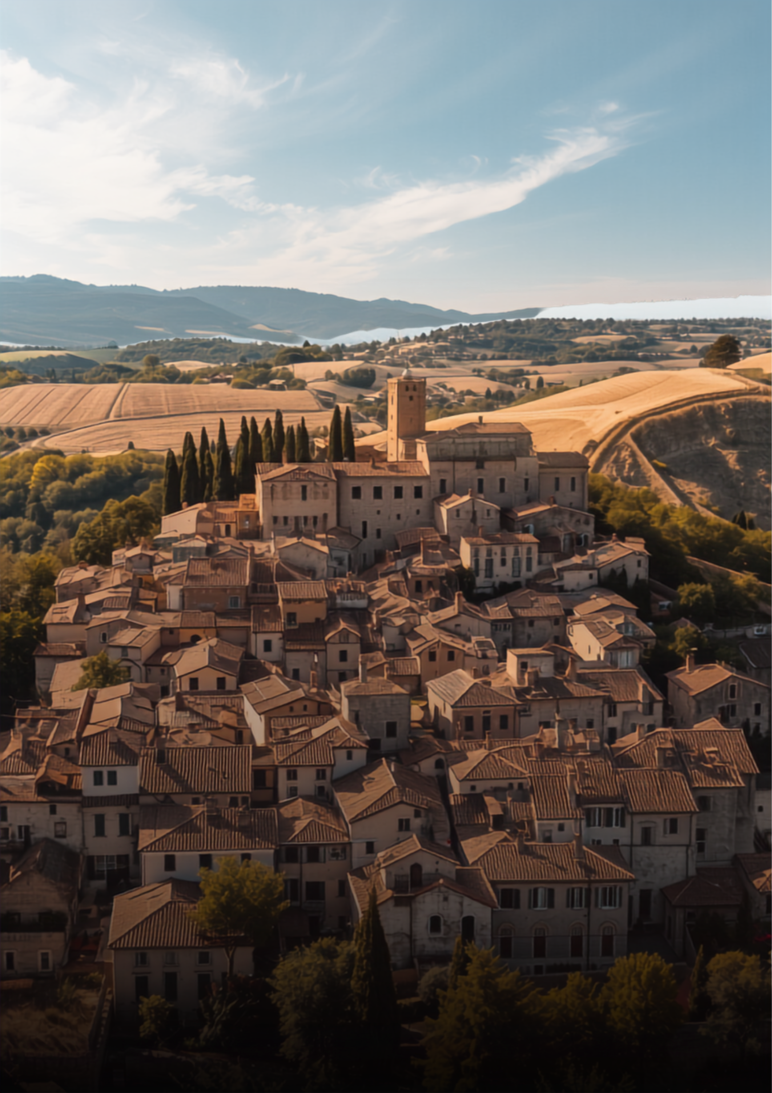 Aerial view of charming Tuscan village with terracotta rooftops and rolling hills in summer