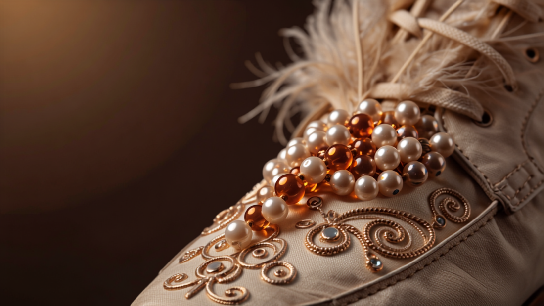 Close-up detail of an embellished shoe with textured decorative accents