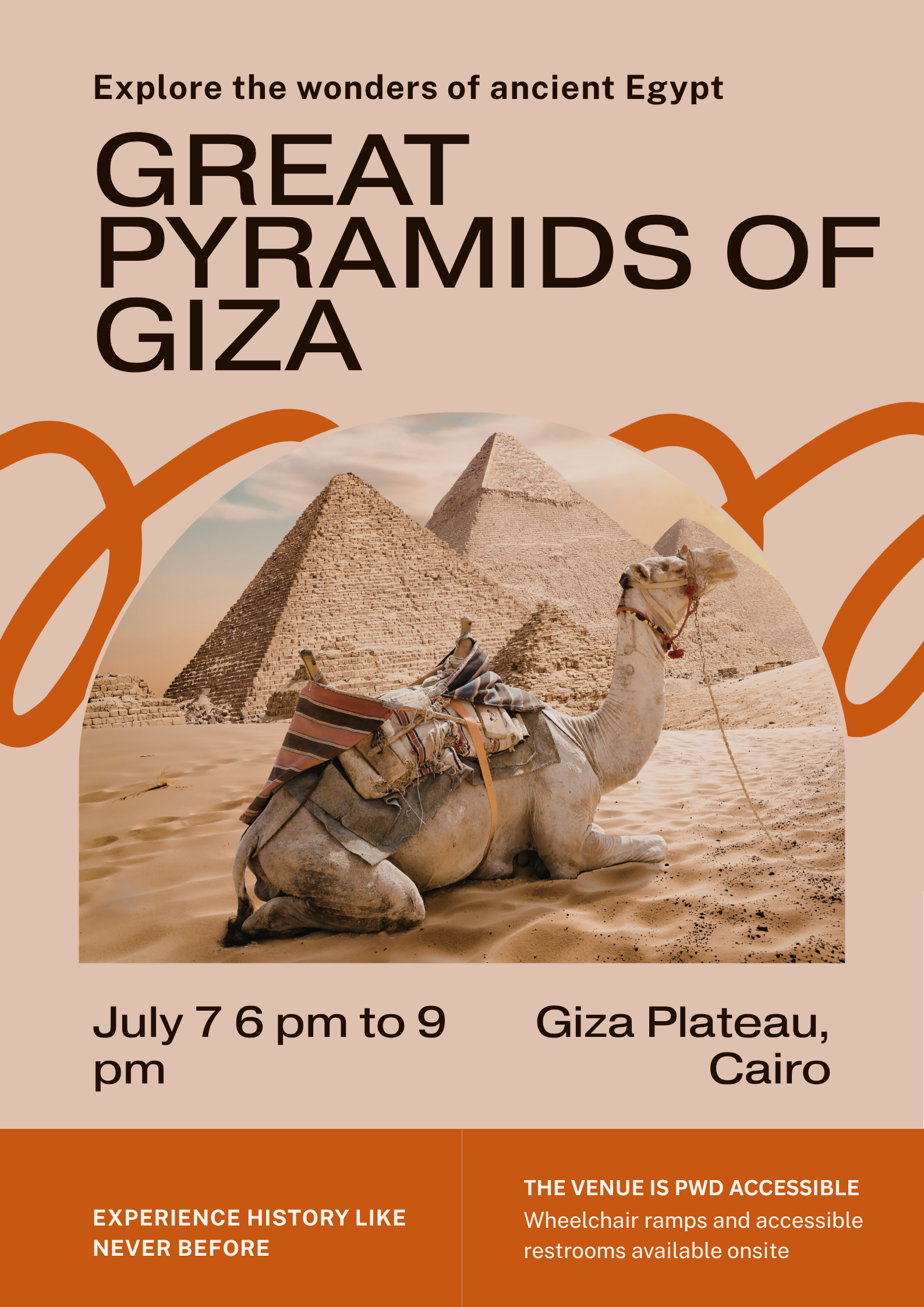 Great Pyramids of Giza Egypt at desert sunset with camel silhouettes against orange sky