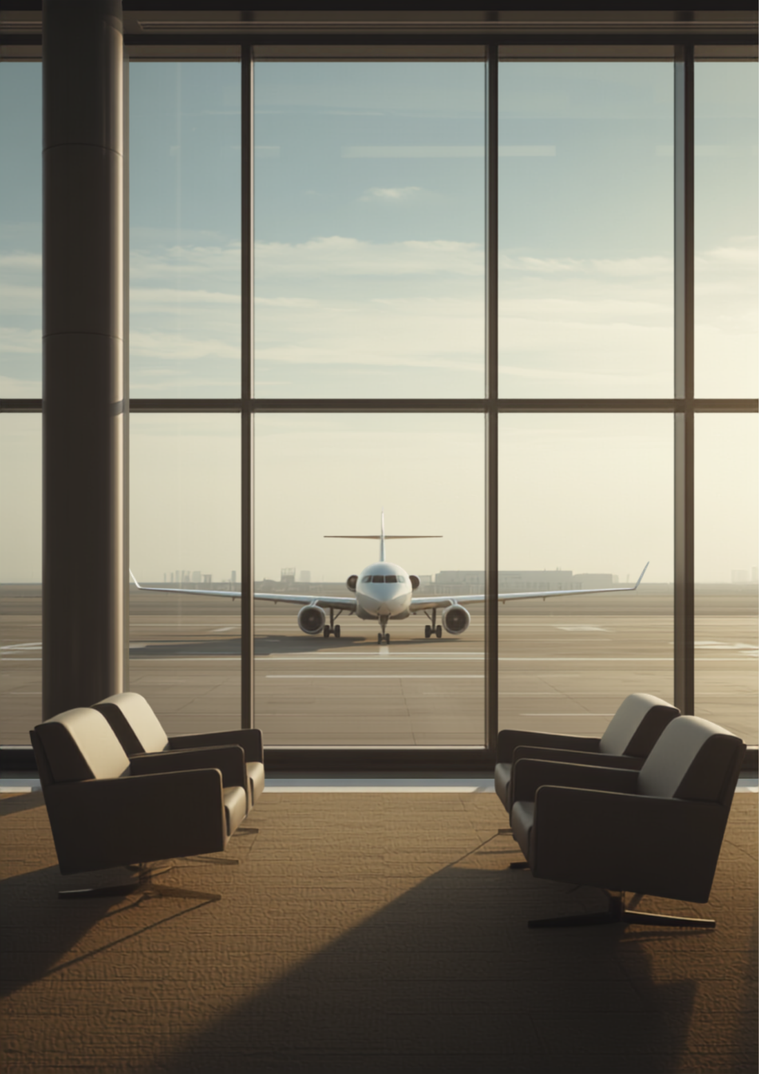 Modern airport departure lounge with floor to ceiling windows overlooking runway
