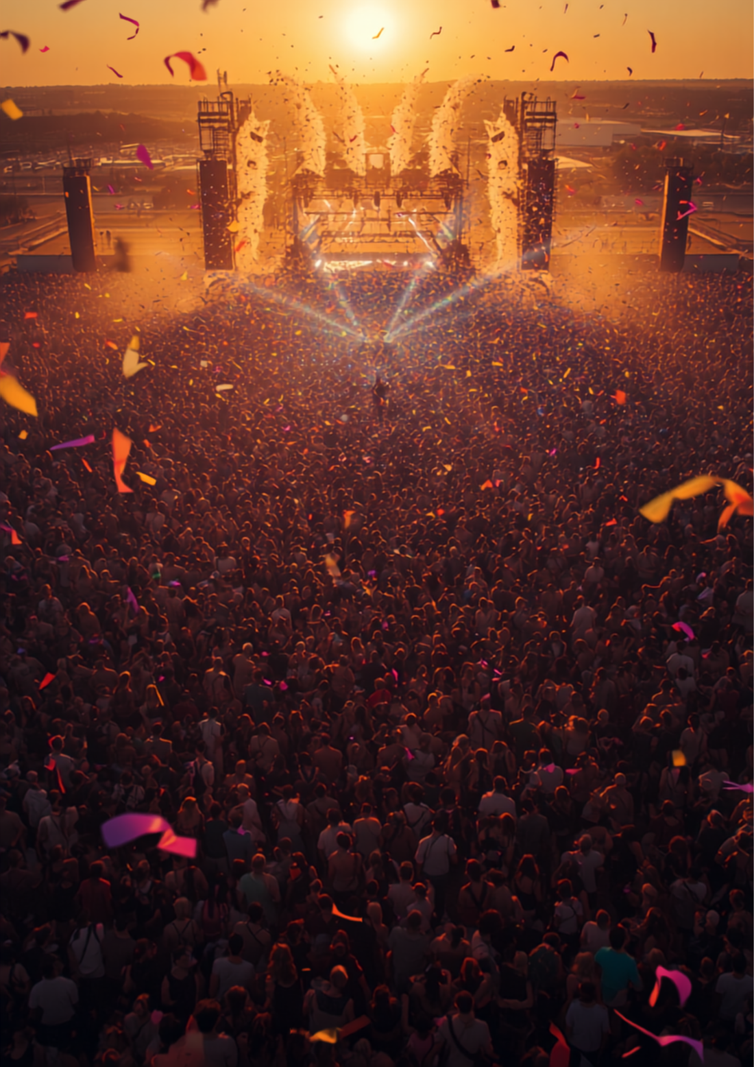 Aerial view of massive outdoor music festival crowd with colorful stage lights at golden hour