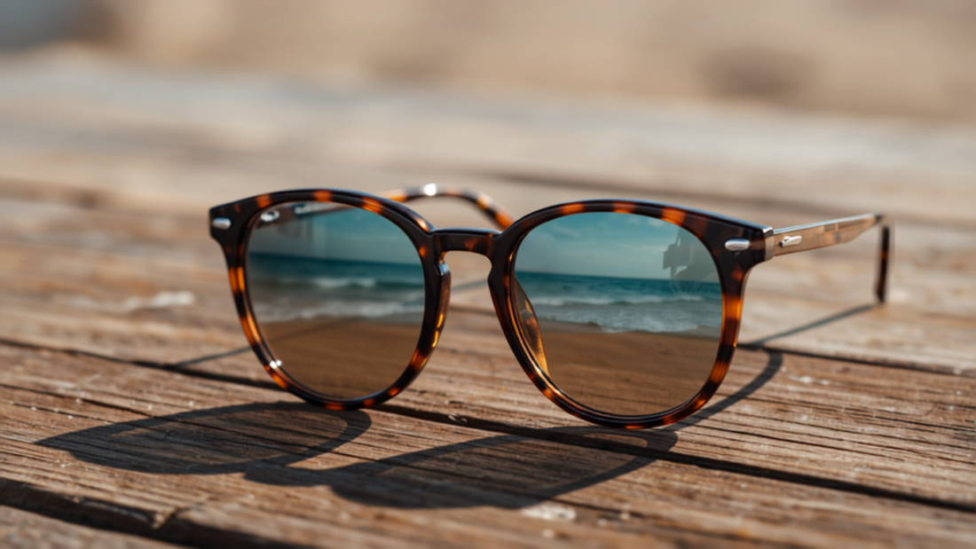 Close-up macro photography of sunglasses on a wooden surface