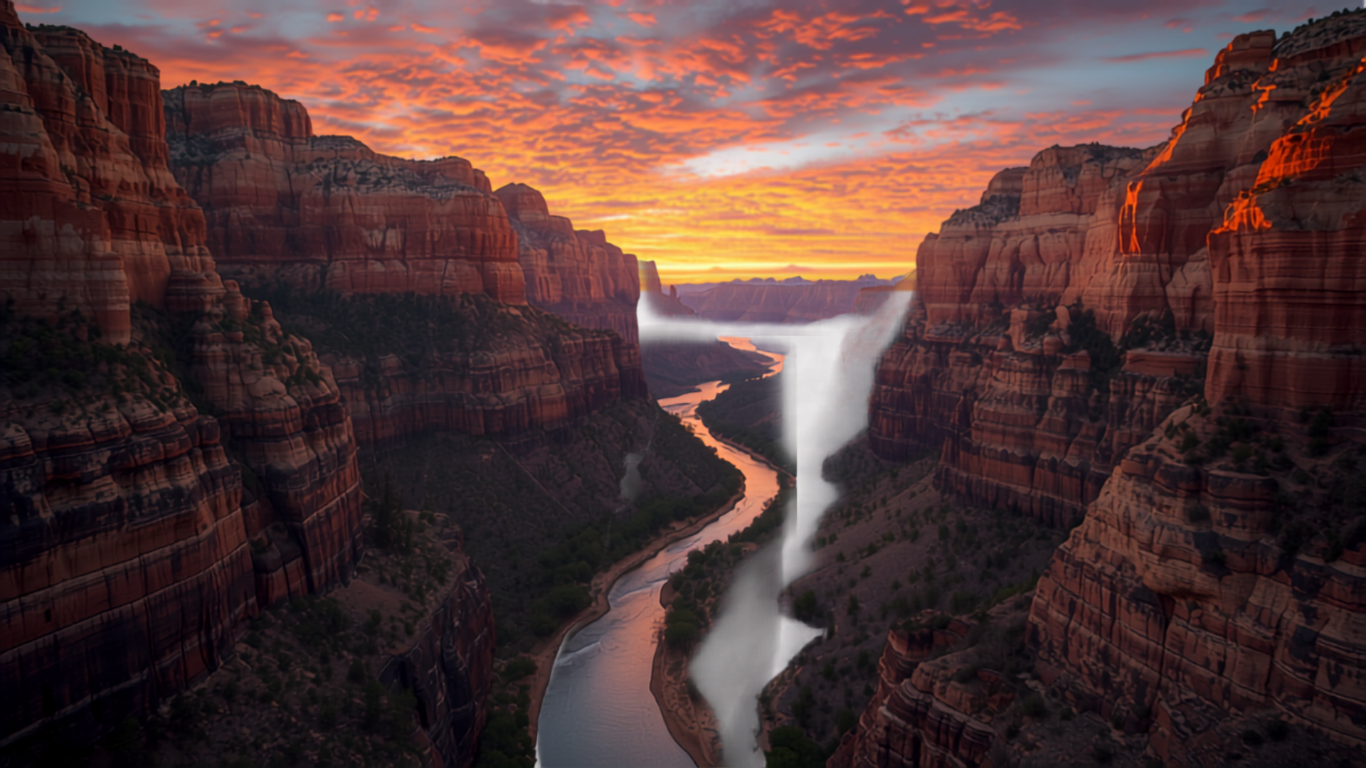Zion National Park's Virgin River canyon with red sandstone cliffs at sunset