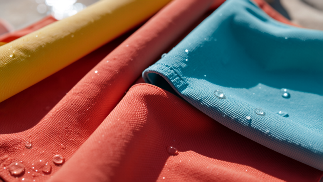 Close-up macro photography of vibrant tropical women's swimwear fabric