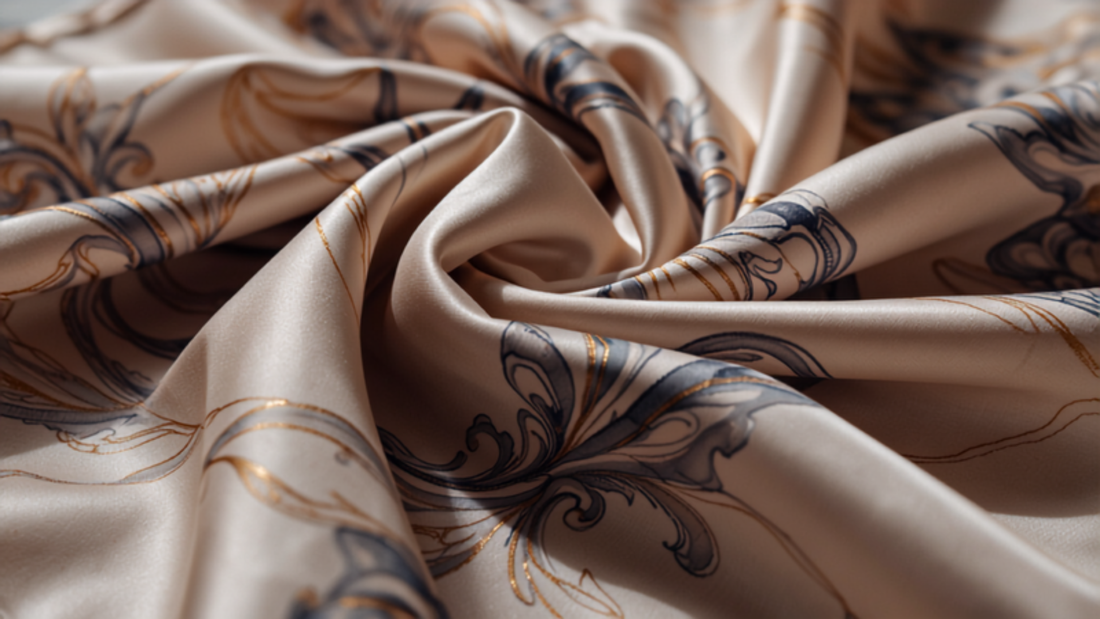 Close-up of a silk scarf with flowing sheen and printed pattern