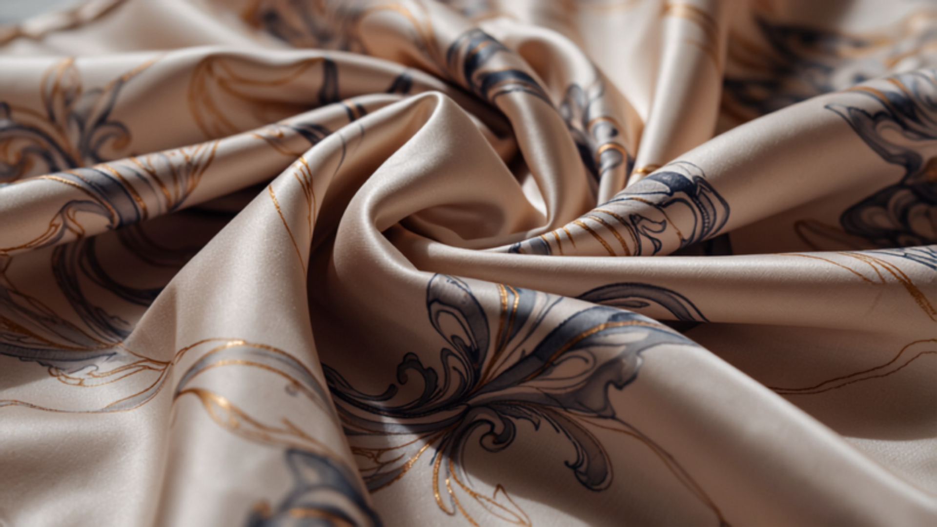 Close-up of a silk scarf with flowing sheen and printed pattern