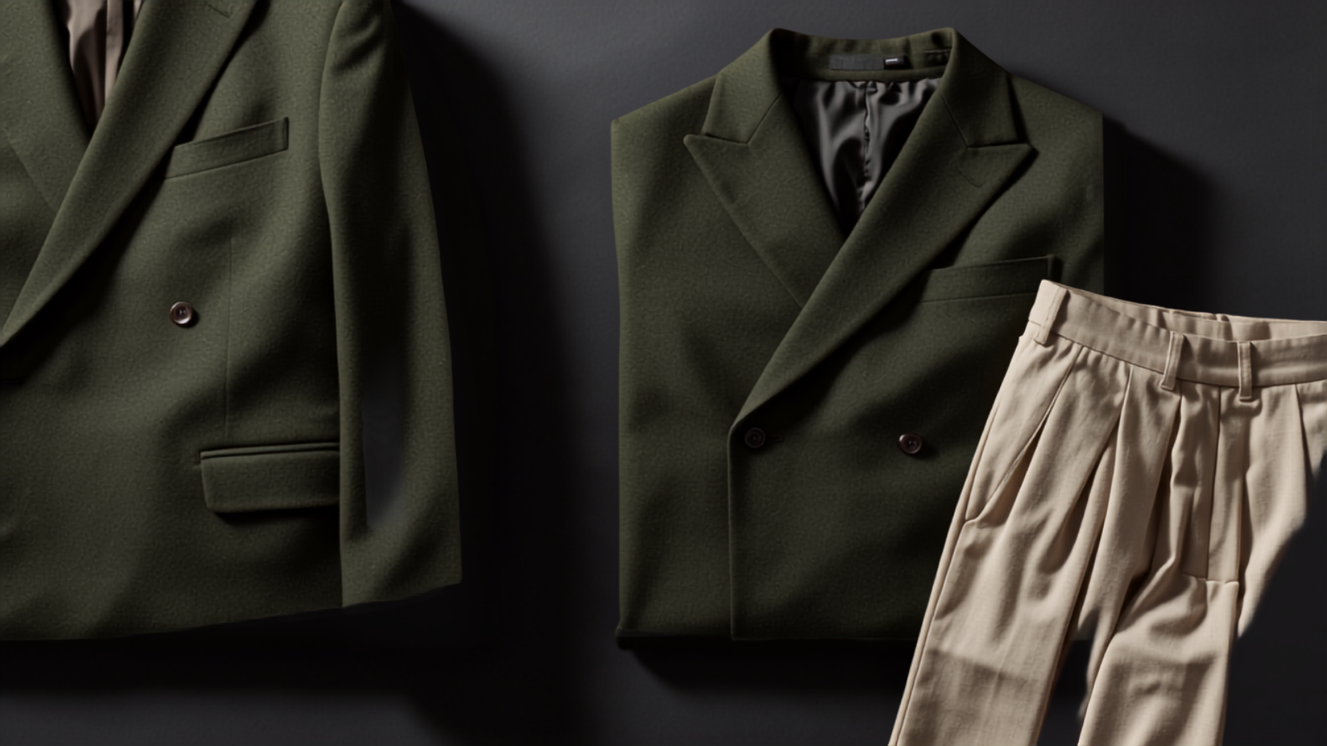 Tailored menswear garments including a blazer and pleated trousers representing 2026 menswear trends