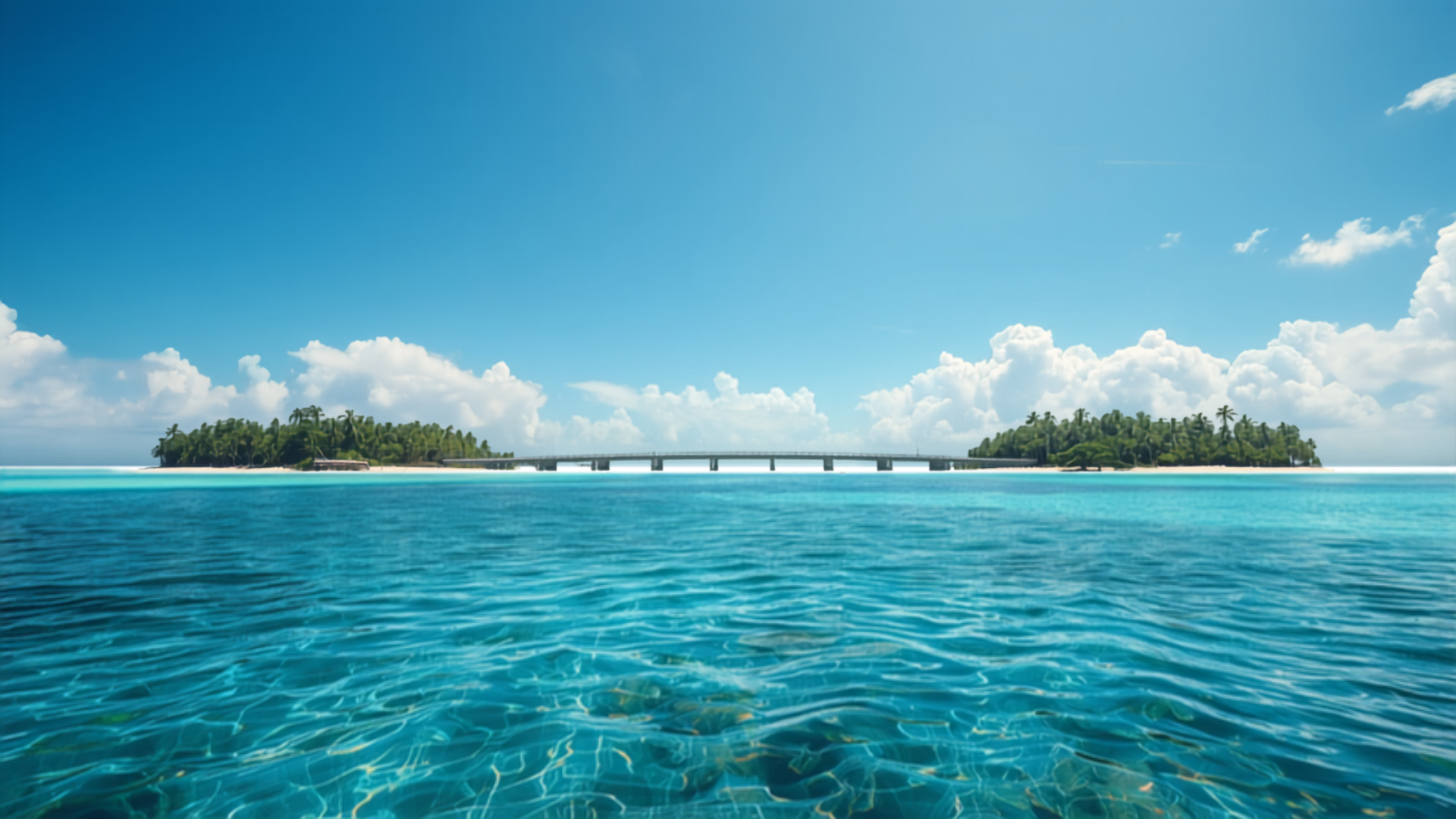 Florida Keys turquoise water with island-connecting bridge and palm trees