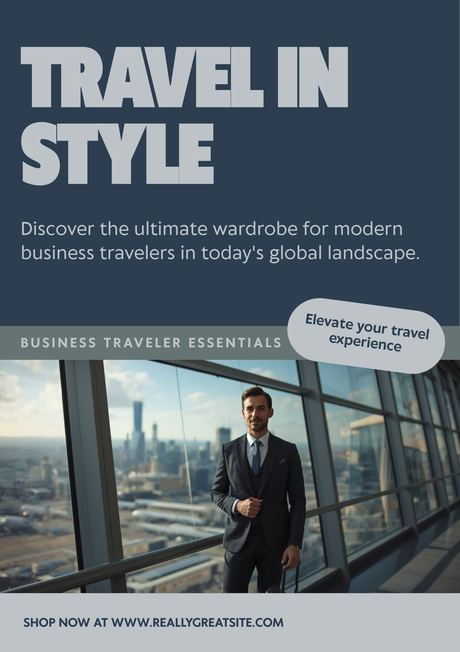 Confident business traveler in modern international airport terminal with city views