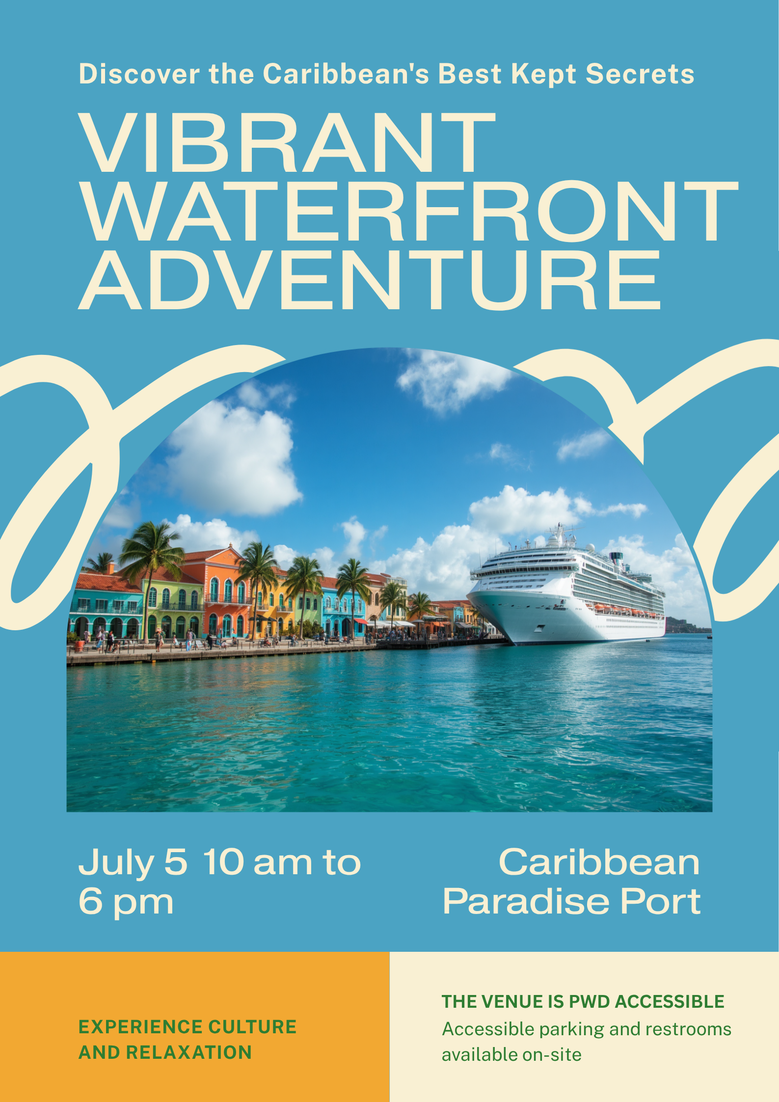 Colorful colonial waterfront Caribbean cruise port with palm trees and clear blue water