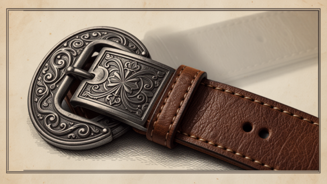 Close-up of an ornate decorative belt with buckle and leather texture