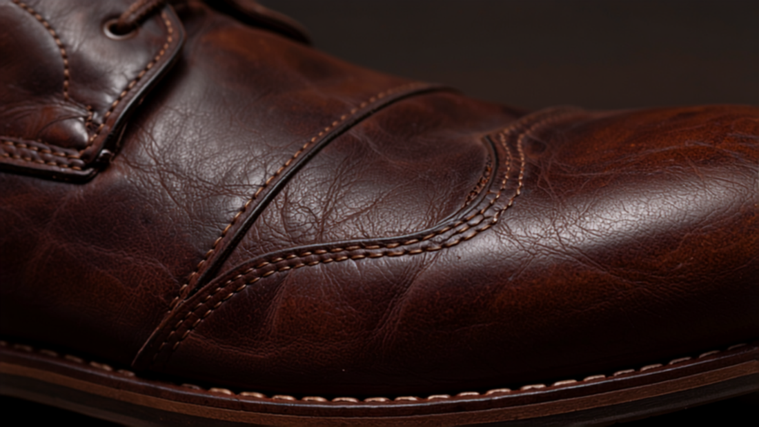 Close-up detail of over-the-knee leather boot texture and stitching