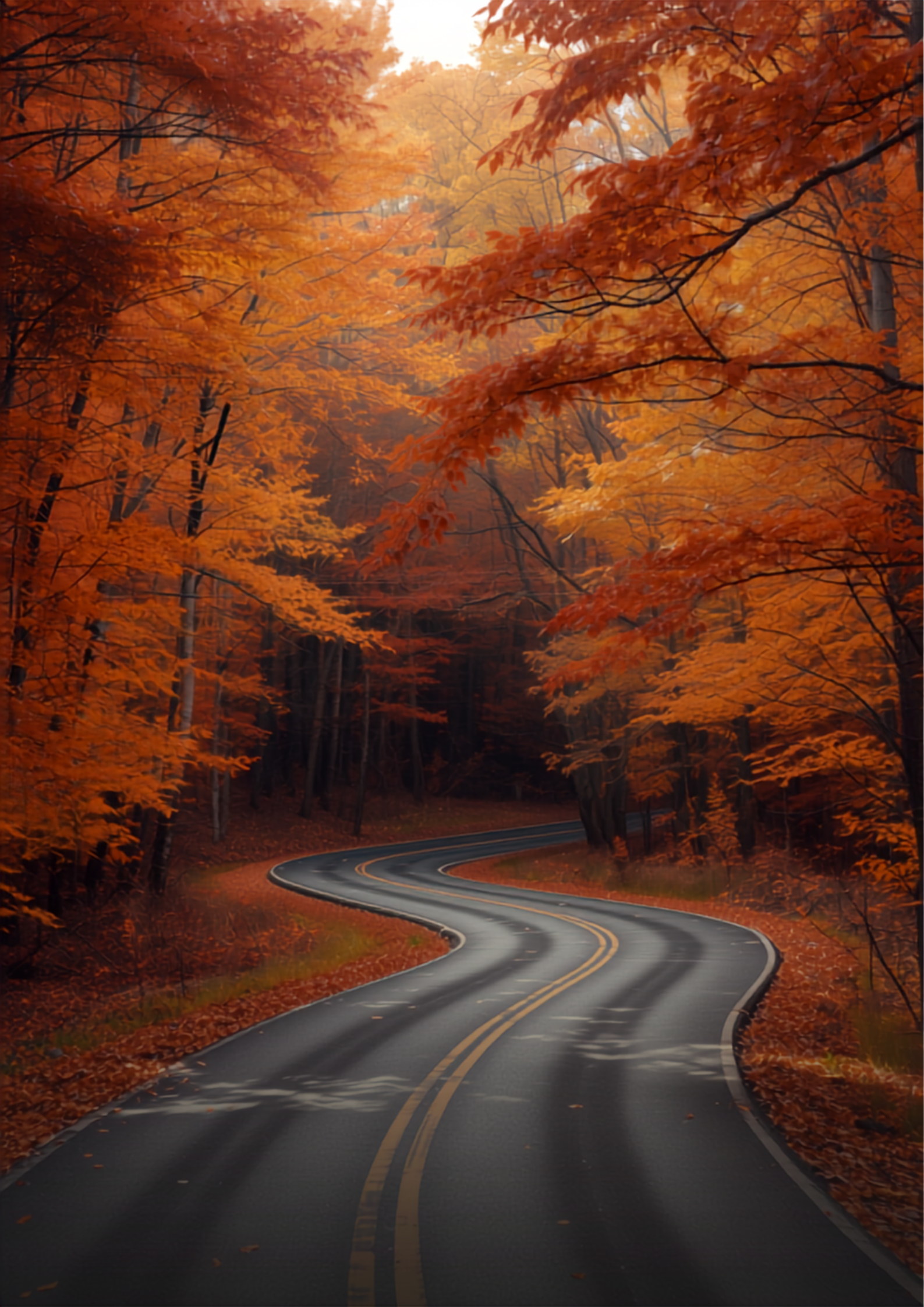 Winding road through vibrant autumn forest with red orange and yellow foliage