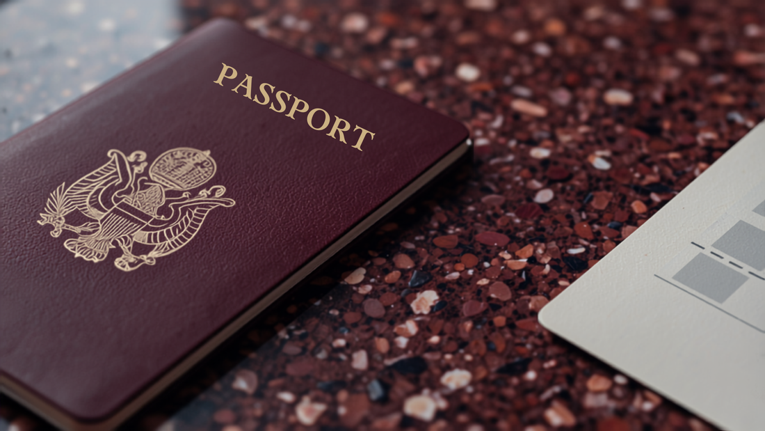 Close-up of a European passport cover and boarding pass corner