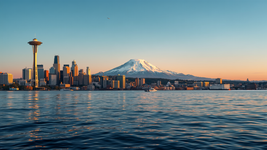 Seattle skyline with Space Needle and Mount Rainier over Puget Sound