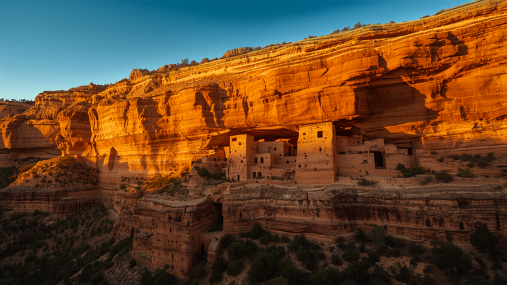 Ancient cliff dwellings built into a sandstone canyon wall at Mesa Verde