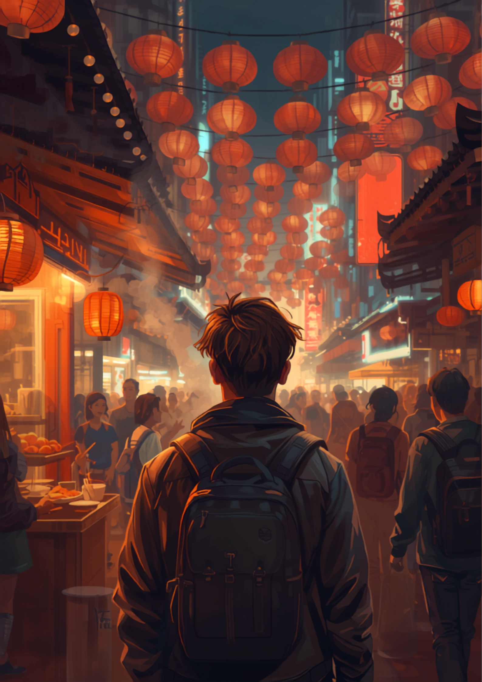Solo male traveler exploring vibrant Asian night market with street food and glowing lanterns