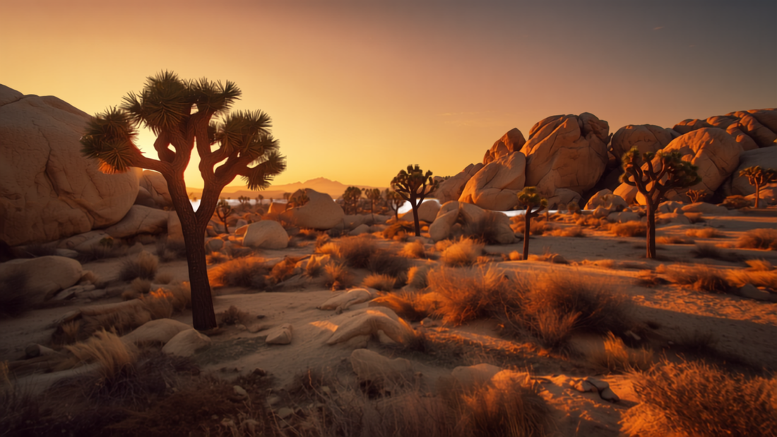 Joshua trees among giant boulder formations at sunset