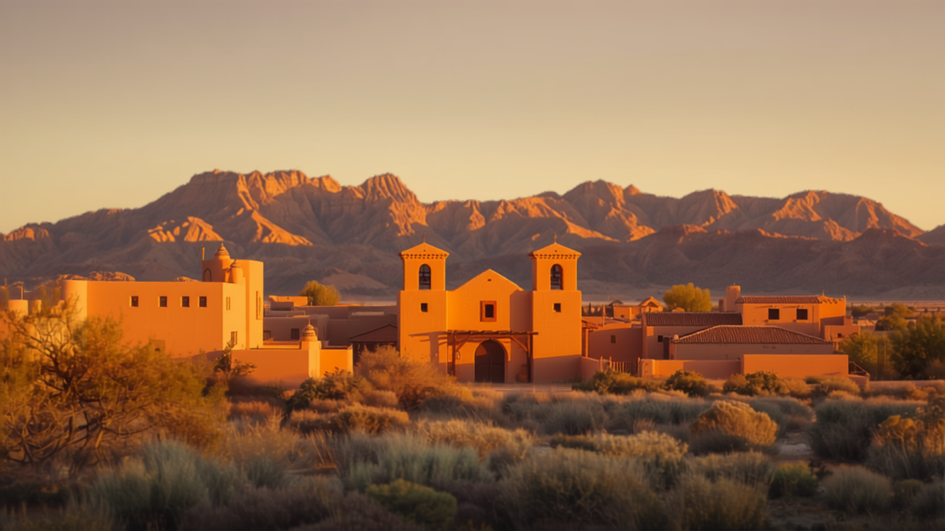Santa Fe adobe architecture with church and desert mountains