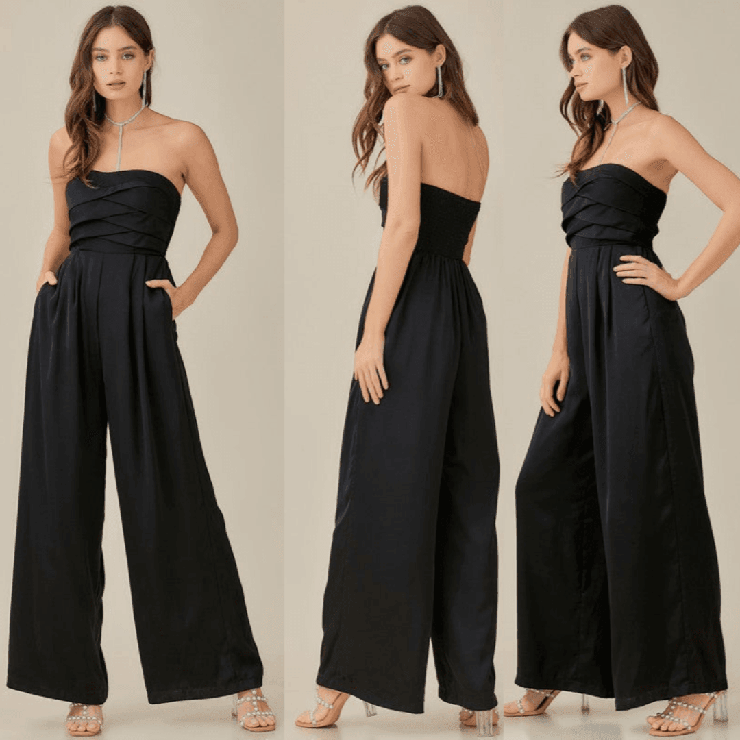 Elegant black strapless jumpsuit showcasing timeless jumpsuit style in a fashionable design