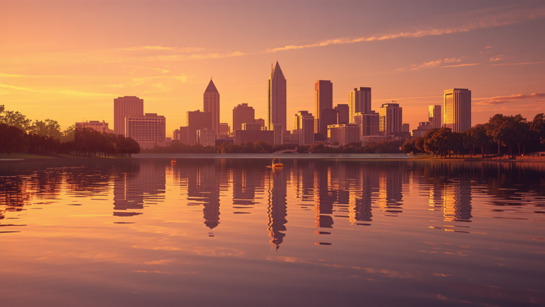 Austin skyline reflected on Lady Bird Lake at sunset