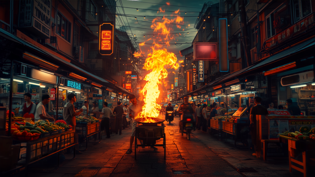 Bangkok street food market with wok flames at dusk