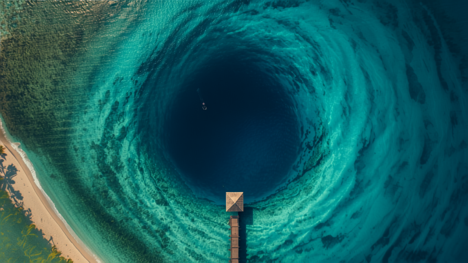 Aerial view of Belize's Great Blue Hole surrounded by turquoise Caribbean water