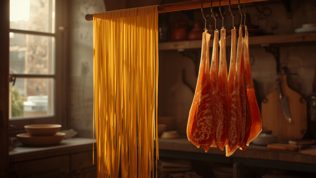 Bologna fresh tagliatelle pasta and prosciutto in traditional kitchen