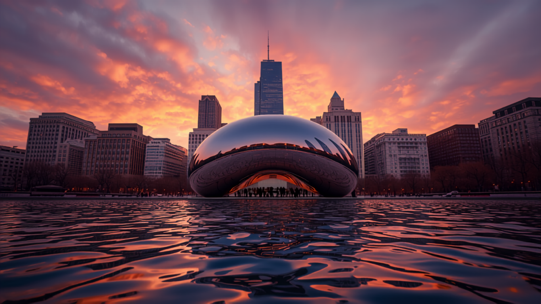 Chicago skyline at sunset viewed from behind the Cloud Gate sculpture
