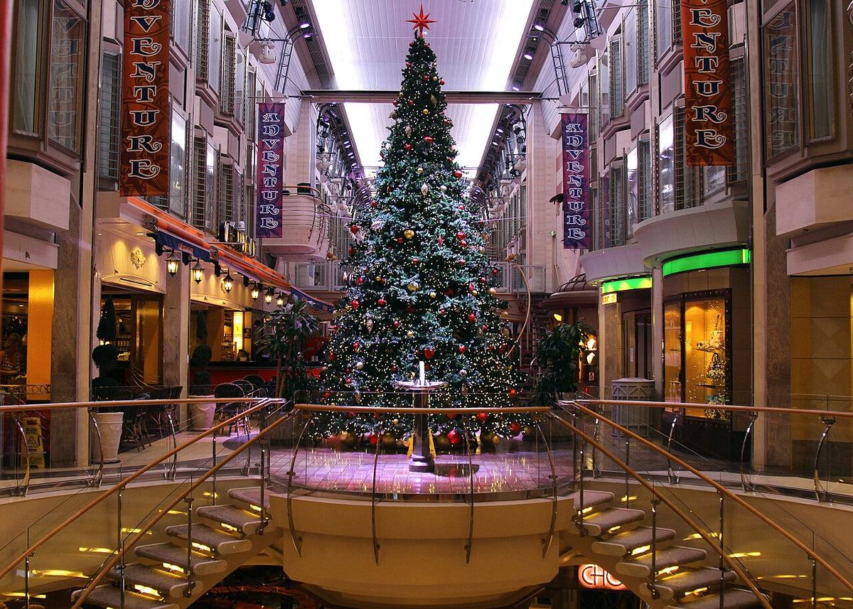 Decorated Christmas tree in the atrium of a Royal Caribbean cruise ship